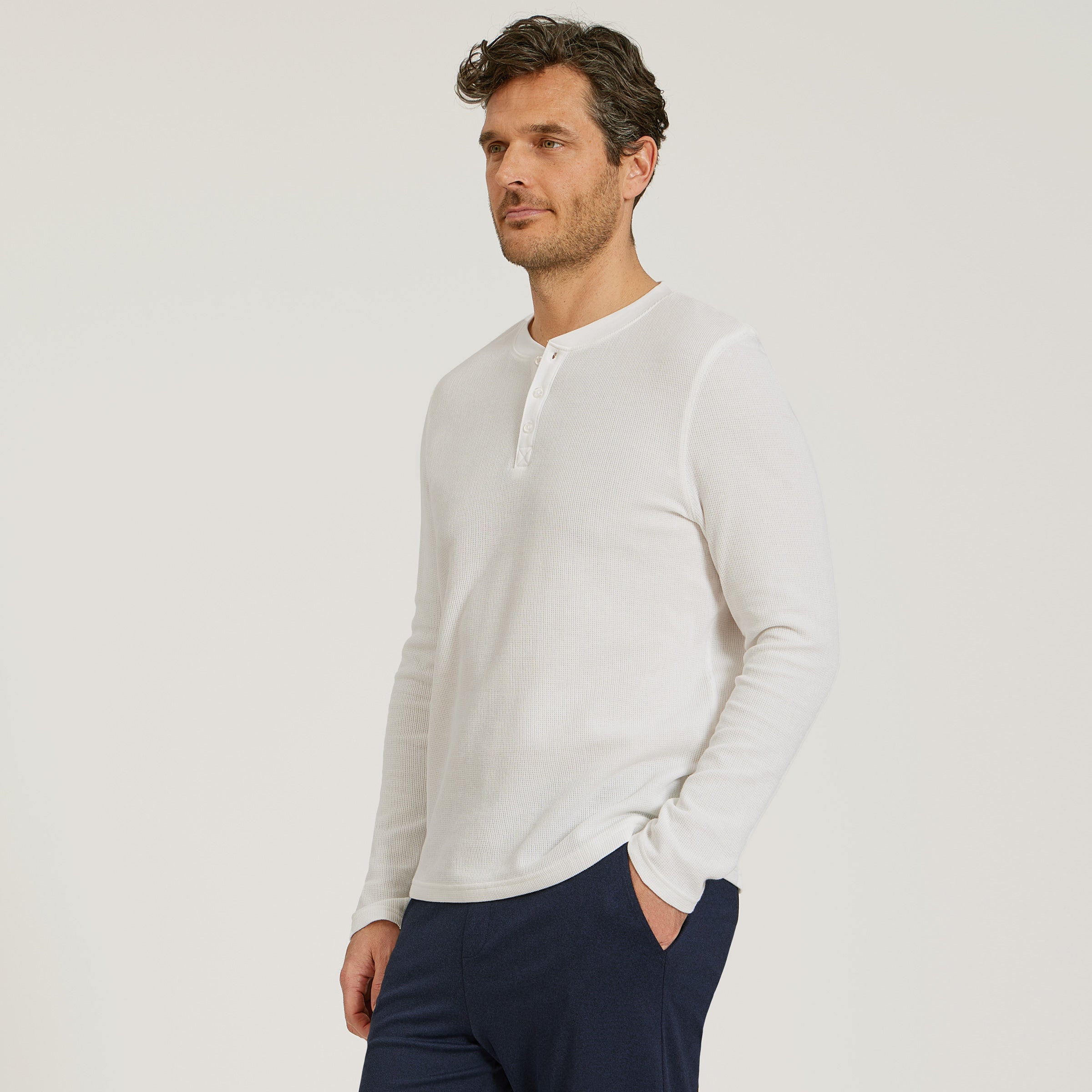 Cotton Waffle Curved Hem Henley